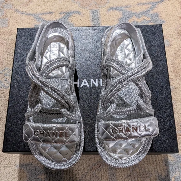 šSOLD CHANELš¤©20S CC Lambskin Cord Rope Logo Dad Sandals in Silver Sz 39 - Picture 14 of 16